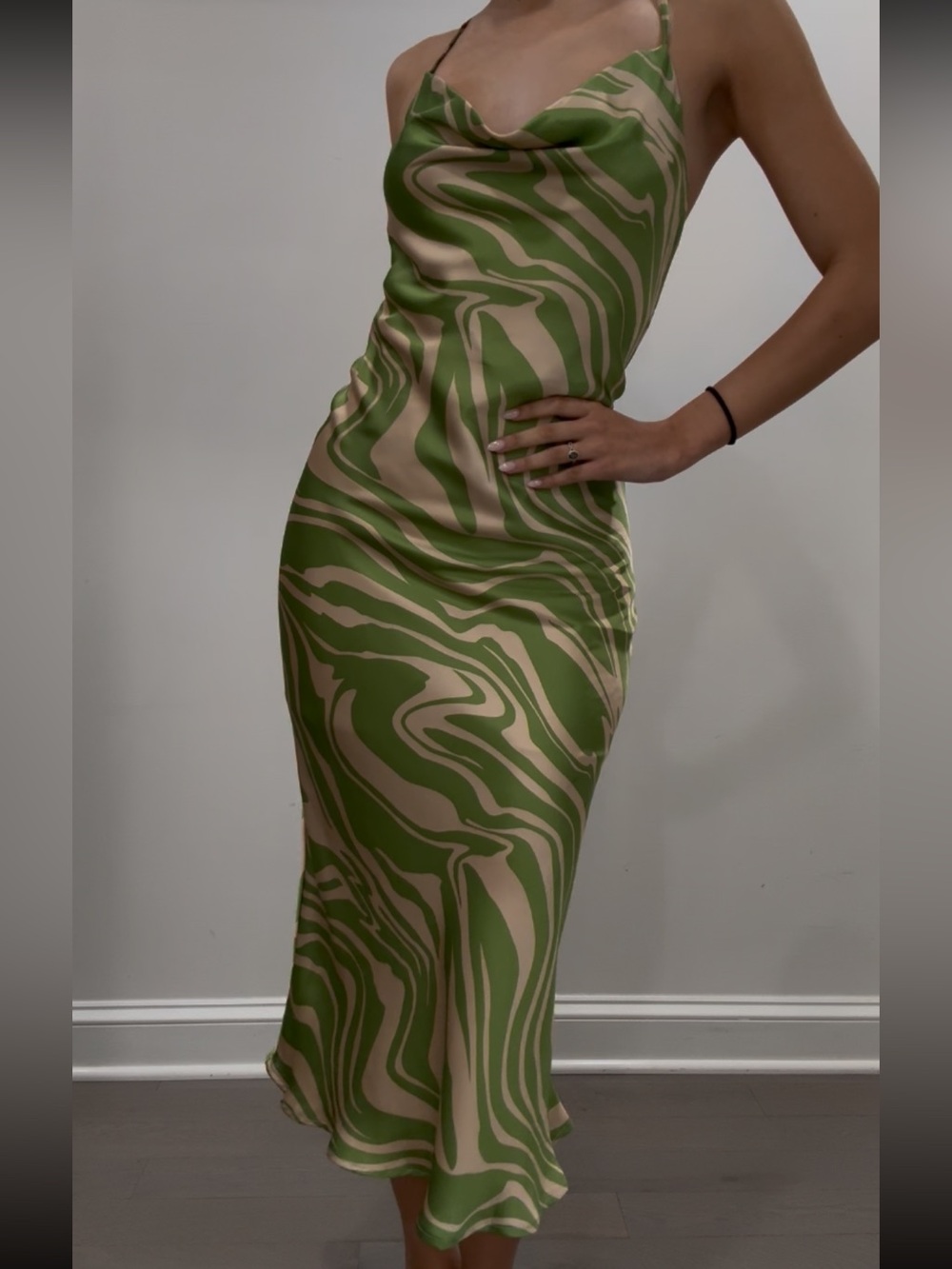 Colorful green midi dress with cowl neck and corset back
